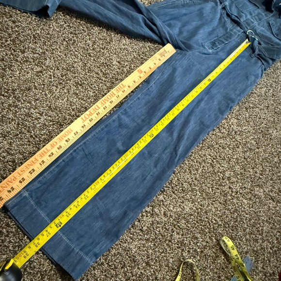 New women's S Utility Jumpsuit Denim Blue med wash Long Sleeve Belted Wide Leg - Picture 6 of 6
